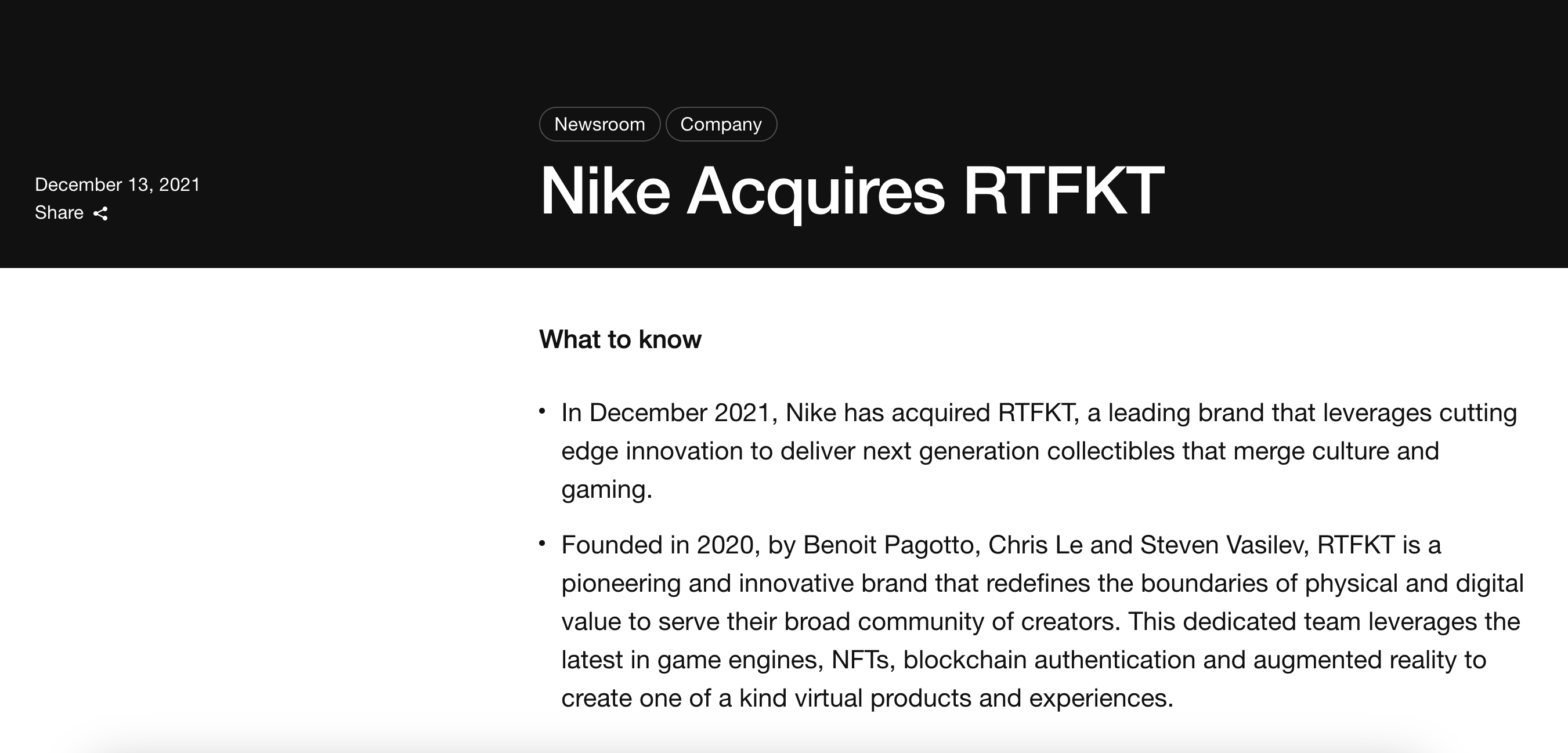 Screenshot of nike acquiring Web3 studio RTFKT